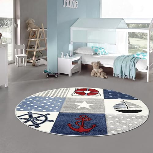 Kinderteppich Spielteppich Junge Teppich Maritim kariert in blau Creme grau Größe 160 cm Rund