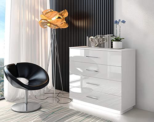 lukmebel Kommode Lina mit Schubladen und glänzenden Griffen in Chrom Weiß Hochglanz HG Schlafzimmer Schlafzimmerkommode Highboard Sideboard Schrank Mehrzweckschrank