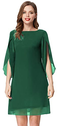 Damen Langarm Loose Fit Freizeit Sommer Elegant Midi Kleid Chiffon Kleid XL Dunkelgrün CL11125-6