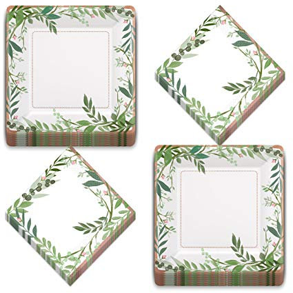 Live It Up! Party Supplies Love and Green Leaves Rose Gold Metallic Square Bridal Dessert Plates and Luncheon Napkins (Serves 16)