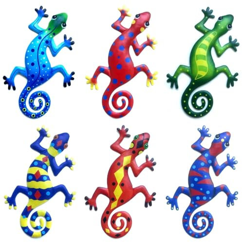 Linkstyle 6 PCS Garden Wall Ornaments Outdoor, Metal Garden Wall Art Decor, Gecko Lizard Hanging Decoration for Fence Yard Porch Patio Backyard Balcony