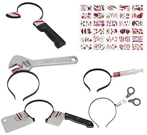 KATOOM Blutige Schere Messer im Kopf 35TLG Halloween Grusel Accessoires Set Spritze Horror Haarreif mit 30pcs Halloween Zombie Scars Tattoo Küchenmesser Schlüssel für Gruselkostüm Zombie
