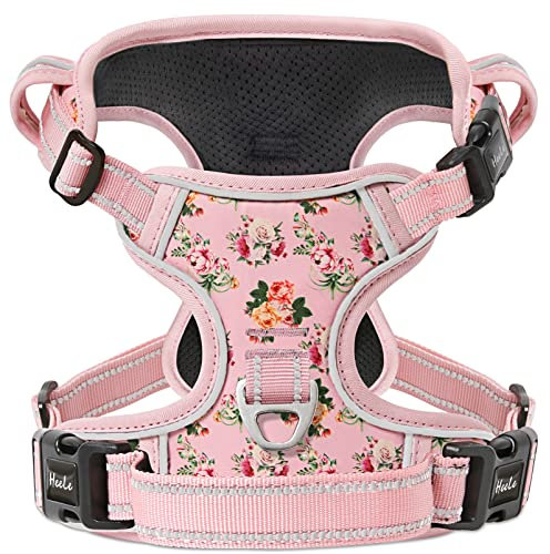 HEELE Harnais Chien, Anti Traction Réfléchissant avec Poignée Rembourrée pour Grand Chien, Floral-Rose, XL