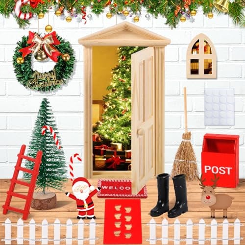 Frasheng 34PCS Decorazioni Porta Elfo Natale Kit, degli Accessori Miniature Casetta in Legno, Casa con Porta,Recinto,Tappeto,Scaletta