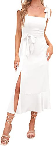 Abendkleider Elegant für Hochzeit Damen Sommer Sexy Spaghetti Kleid mit Schlitz Sommerkleid Hochzeitsgäste Festliche Hochzeitskleid Cocktailkleid Partykleid Abschlusskleid Lang Ballkleider Weiß S