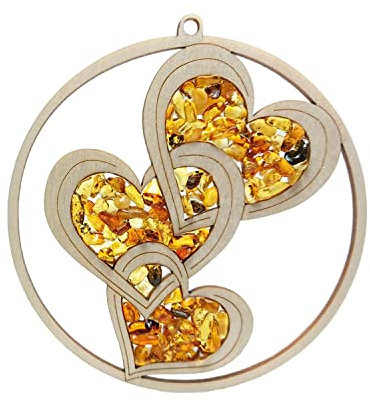 Fensterbild Fensterdeko Sonnenfänger Suncatcher Bernstein in Birkenholz Verschlungene Herzen Ø 11, inkl. Geschenkverpackung