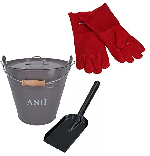 Grey Coal Bucket With Lid, 5 Shovel & Gloves Metal Ash Tidy Bin Fire Log Burner