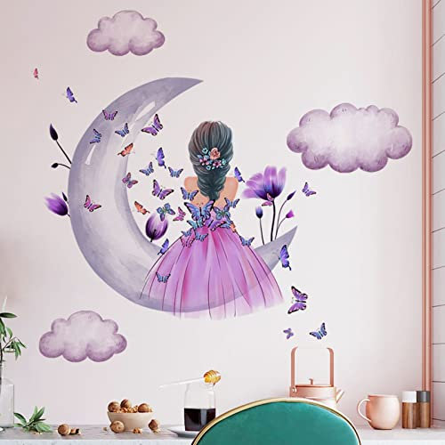 Schmetterlings Mädchen Wandaufkleber, Mond Wolken Blumen Fee Wandtattoo,rosa Blumen Wandbild, bunte Schmetterlinge, Wanddekoration, Baby-Kinderzimmer, Schlafzimmer, Spielzimmer