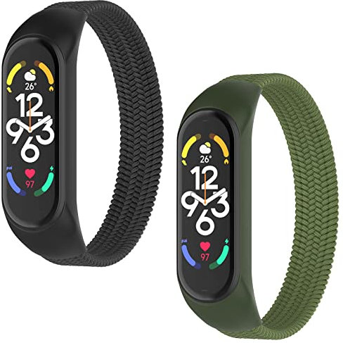WD&CD 2 Stück Armband kompatibel mit Xiaomi Mi Band 7/6 / 5/4 / 3 (Schwarz+ Grün), Armbänder Nylon Elastizität Uhrenarmband Sport Ersatzarmband, S
