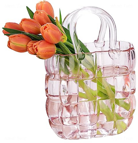 NiHome Vaso in vetro rosa a forma di borsa, vaso con manico, a forma di borsa, per fiori, decorazione per fattoria, fatto a mano, a bocca larga, per ufficio, casa, soggiorno, tavolo da pranzo