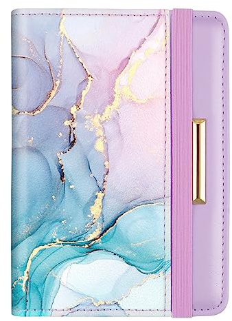 Passport Holder Cover Travel RFID Blocking Passport Cover Rose Gold Cute Flowers Passport Wallet with Elastic Band for Women, Gradient Marble, Casual