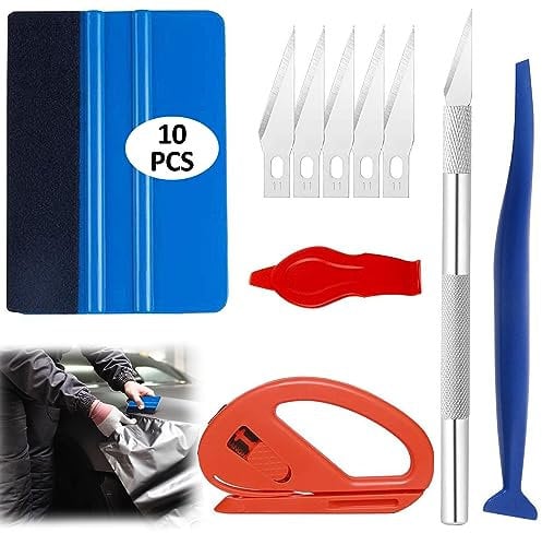 10 Pcs Car Vinyl Wrap Tool Kit, Wallpaper Smoothing Tool Kit, Felt Squeegee, Edge Trimmer, Mini Corner Squeegee, Cutting Tool Felt Squeegee Hard Scraper for Car Stickers, Craft Works, Window Tinting