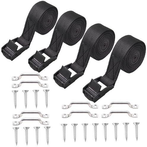 Ruibapa 4 Sets 1x 48(4 ft) Battery Tie Down Strap kit with Stainless Steel Cam Buckle, Stainless Steel Bracket and SS Screws for Boats, Luggage Belt, Cars