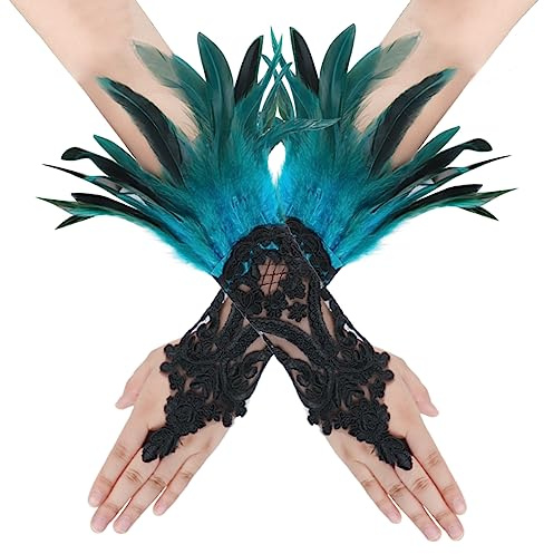 Feather Lace Fingerless Long Gloves - Wrist Cuffs With Hook Finger for Fancy Dress, Cosplay, Opera - Women's Halloween Party Costume Accessory, Evening Party