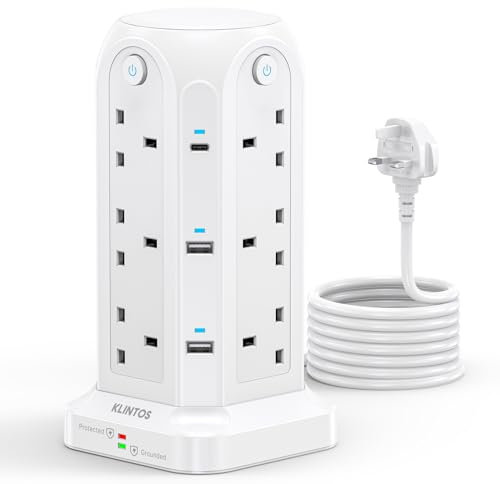 Tower Extension Lead with USB Slots【2 USB C & 4 USB A】, 1400J Surge Protected Extension Lead with Individual Switches, Extension Lead with 2m Cable, Power Tower, Plug Tower for Desktop、Office、Kitchen