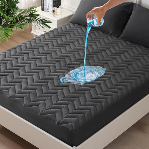 Unilibra Cal King Size Matratzenschoner, wasserdicht, gesteppt, Matratzenauflage mit atmungsaktiver, ultraweicher Füllung, tiefer Taschenmatratzenbezug, passend für 15,2 cm - 63,5 cm Matratzen, Grau