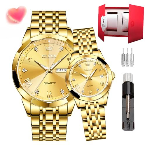OLEVS Quarz-Armbanduhr, leuchtend, Kalender, Datum, Fenster, 3 atm, wasserdicht, lässig, Edelstahl, für Männer und Frauen, Paare, Hochzeit, romantisch, 9931-gold Dial-Couple Style, Klassisch