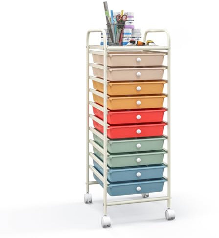 GiantexUK 10 Drawers Rolling Trolley, Multipurpose Utility Storage Organizer Cart with Wheels, Home Office Hairdressing Salon Shelving Organizer Unit (Colorful)