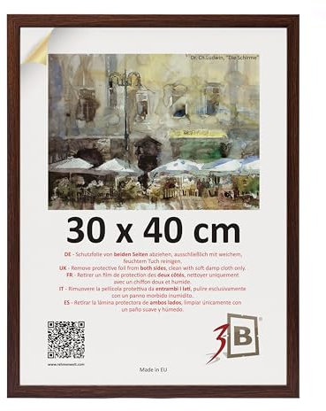 3-B Bilderrahmen MEGA - Dunkel Braun (Nussbaum mit optischer Holzmaserung) - 30x40 cm - Holzrahmen, Fotorahmen, Dokumentenrahmen mit Acrylglas
