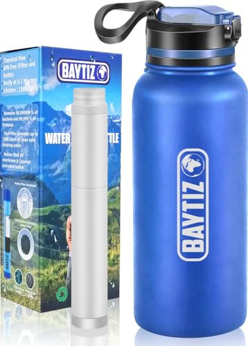 Baytiz ® Gourde Filtrante Isotherme + Paille de Survie au Charbon Actif - Bouteille Filtre à Eau Nomade : Voyage Randonnée Trek Camping Kit Purificateur Réutilisable Boussole Plastique Pluie Sac Inox