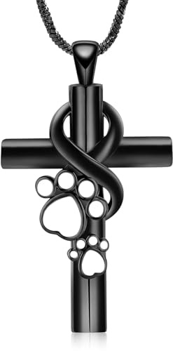 QGJNSGC Pfotenabdruck Kreuz Einäscherungs-Schmuck für Haustier Infinity Cross Urn Halskette für Asche Keepsake Loved One Memorial Schmuck für Hund/Katze Asche (Schwarz)