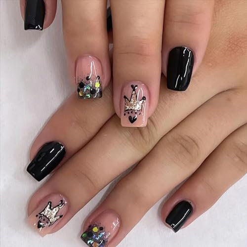 24pcs French False Nails Short - Almond Square Press on Nails - Full Cover Acrylic False Nails With Glue - French Fake Nails Stick on Nails for Women and Girls Nail Art (Black Crown Style)