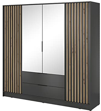 BETTSO Nelly Armoire avec Miroir - 4 Portes Battantes, 2 Tiroirs, Compartiments et Barre de Penderie - Lamelles/Rainuré - pour Vestiaire, Entrée, Chambre - Moderne - Mat Graphite