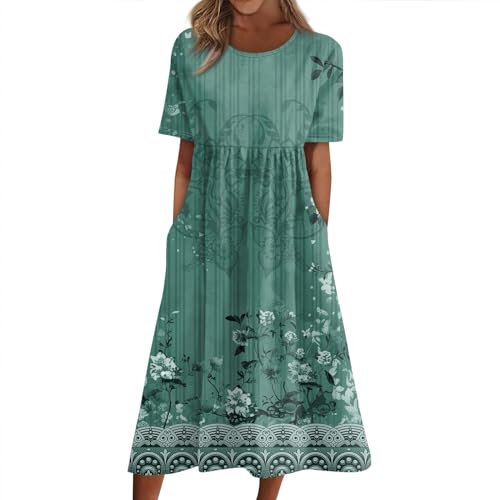RMBLYfeiye Temu Shop Kleidung Damen Boho Kleid Damen Wickelkleid Brautjungfer Sommerkleid Große Größen Damen Rundhals Blumen Bedruckt Kurzarm Abschlusskleid Mit Taschen Freizeitkleid Damen (Grün, XL)