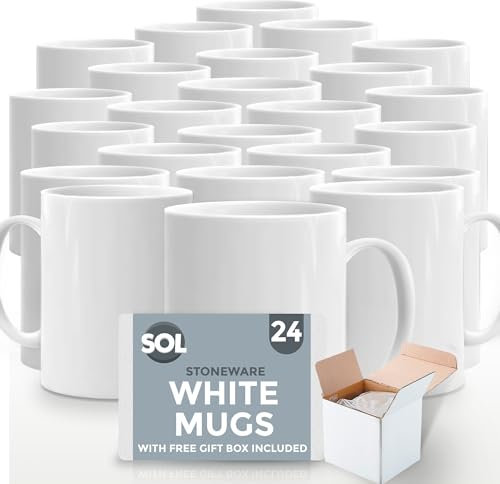 SOL 24pk White Mugs - 11oz 100% Lead & Cadmium Free Stoneware Coffee & Tea Mugs - Perfect for Kitchens, Restaurants & Cafes, Great Gift Idea