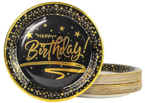 50 pièces Assiette Jetable Anniversaire 23cm, Noir Assiettes en Carton Vaisselle Jetable Anniversaire pour Barbecue Anniversaire Fête Douche de bébé Mariages (Anniversaire Noir, 23cm)