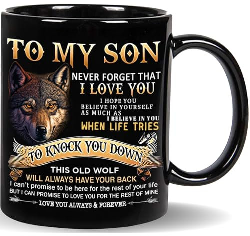 Tazza da caffè da 325 ml, con scritta in lingua inglese To My Son Wolf di mamma e papà, perfetta per compleanno, San Valentino, festa del papà, laurea e Natale (nero)