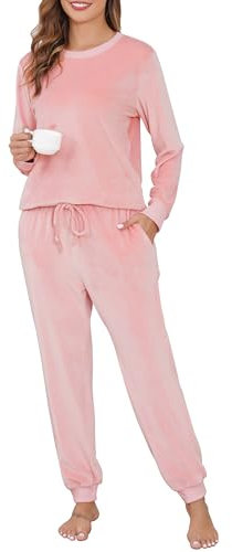Sopesil Pyjama Hiver pour Femmes Ensemble de Pyjamas en Laine Polaire Super Douce Top et Pantalon à Manches Longues avec Poches pour Vêtements de Nuit Loungewear,XXL,Rose