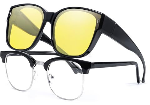 LVIOE Night Driving Fit Over Glasses Polarised Trendy Modern Yellow Tinted Lens Anti-Glare for Night Vision Headlight Glasses