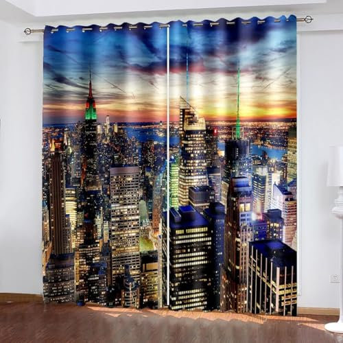 Latwerio 3D Drucken Gardinen New York Wohnzimmer Vorhänge, New York Vorhang Blickdicht Ösen Wärmeisolierend Gardine, Schlafzimmer Deko Curtain 2 Stücke 75 x 166 cm BxH q8502