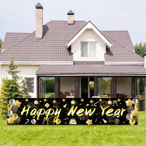 ParPix Silvester Deko 2025 Happy New Year Banner, Stoff Happy New Year Deko Girlande,Silvester Dekoration Party Hintergrund Tischdeko, Neujahr Deko Banner,Deko Silvester Banner Indoor Outdoor 180×40cm