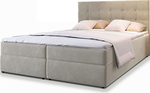 Masseno Boxspringbett GLOS 140x200 cm Komplett-Set mit Matratze und Topper, Polsterbett mit Zwei Bettkästen -Beige, Cosmic 10