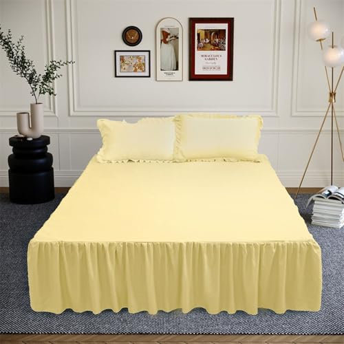 Lirzxin Bettlaken 100x200 cm, Boxspringbett Spannbettlaken Polyester Einfarbig mit Rüschen Spannbetttücher Einzelbett Atmungsaktives und Weiches, Gelb