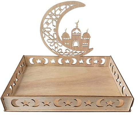 Ramadan Wooden Tray Ramadan Tray Wooden Serving Tray Ramadans Plate Islam Eid Mubaraks Food Serving Tableware Tray Moon and Star Food Dessert Tray for Eid Tables Ramadan Table Decoration (B)