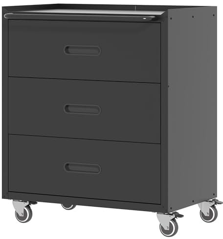 BIZOEIRON Werkzeugschrank, Metallschrank mit Rädern, Garagenschrank mit 3 Schubladen, Rollender Werkstattschrank, Montage Erforderlich, Schwarz