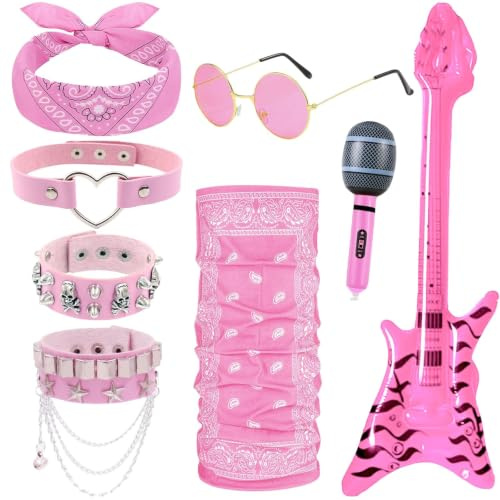 Saier tbo 8Pcs Heavy Metal Rocker Costume Set, Punk Gothic Fancy Dress Accessories with Inflatable Guitar Microphone Bracelets Collar Glasses Bandana Mask for Women Men Adult Cospay Party