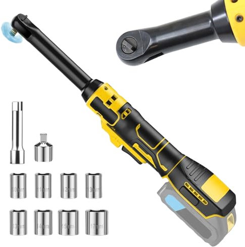3/8 Extended Cordless Ratchet Wrench for Dewalt 20V Series Batteries 16cm Extended Head 90N.m Electric Power with 8 Metric Sleeves, Extended Long Neck Powered Ratchet Wrench, No Battery