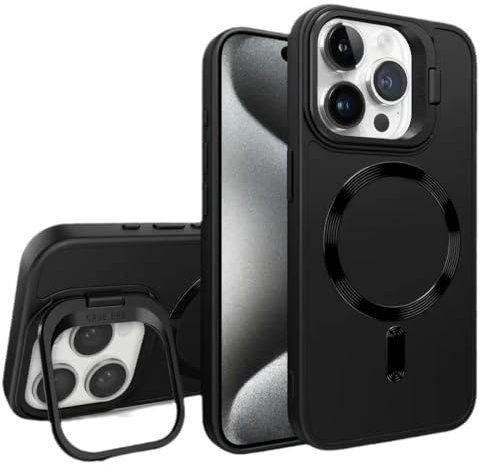 Magnetic Compatible Phone Case with Kickstand – Slim Shockproof Magnetic Cover, Adjustable Camera Stand & Matte Translucent Back for iPhone 15 Pro Max (Black)