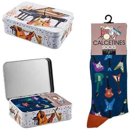 DRW Geschenkset Socken mit E-Gitarren, Blau, Einheitsgröße in Metalldose, Einheitsgröße