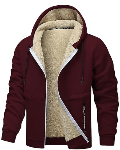 XCXC Herren Fleecejacke mit Kapuze und Reißverschluss Männer Einfarbige Gefütterte Winterjacke Kapuzenjacke mit Kordelzug Taschen Sweatjacke Freizeitjacke für Alltag