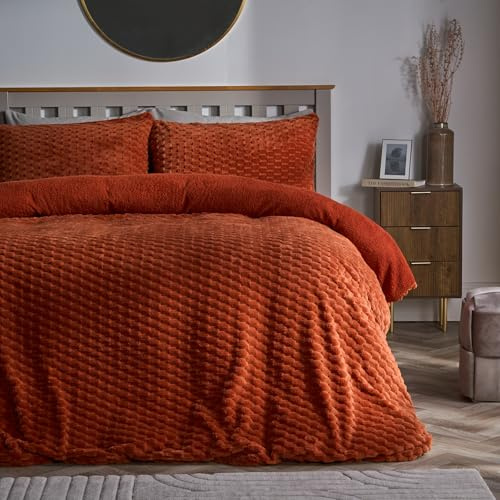 OHS King Size Fleece Duvet Cover, Autumn Winter Luxury Waffle Fleece Bedding Super Soft Cosy Warm Sherpa Reversible King Size Duvet Set with Matching Pillowcases, Rust