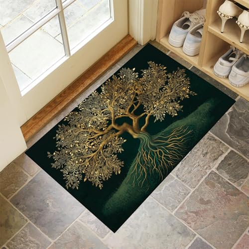 Door Mats Indoor, Tree Of Life Machine Washable Soft Doormats, Dirt Trapper Door Mat, Branches, Leaves Absorbent Entrance Rug, Non-Slip Floor Mats For Inside, (40 X 60 Cm, Dark Green)