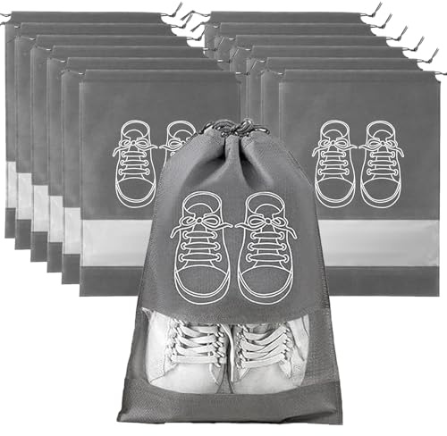 Schuhbeutel Reise Set, 12 Stück Graue Staubdicht Schuhtaschen mit Transparentem Fenster. Wasserdichtes Non-Woven Material, Leicht Falbar zur platzsparenden Schuhaufbewahrung & Organisation im Koffer