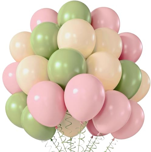 UDRKFOPK Luftballons Rosa Grün,60 Stück Pastel Pink Salbei Grün Nackt Latex Ballons,12 Zoll Boho Grün Rosa Party Ballon für Hochzeit Braut Dusche Geburtstag Baby in Blüte Party Deko
