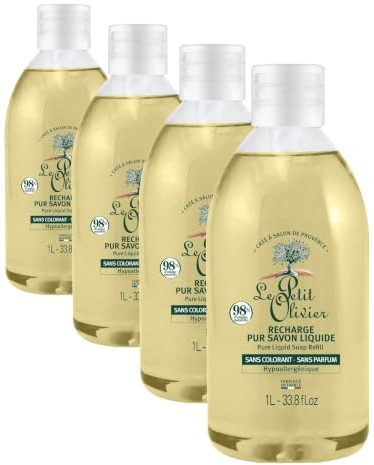 LE PETIT OLIVIER - Recharge Pur Savon Liquide - Hypoallergénique - Sans Parfum & Sans Colorant - Nettoie La Peau En Douceur - 98% D'Origine Naturelle - Cuit au Chaudron - Fabriqué En France - 1L