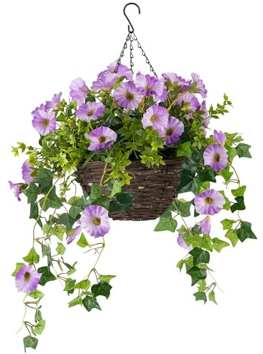 CHRISTOW Artificial Petunia Hanging Basket, Purple, 25cm | Ready to Hang Wicker Basket, Realistic Petunias, Gypsophila & Ivy, UV-Protected Foliage, Triple Steel Hanging Chain with Hook